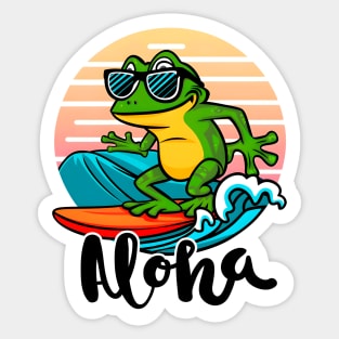 frog wears glasses, surfs and says aloha on the beach Sticker